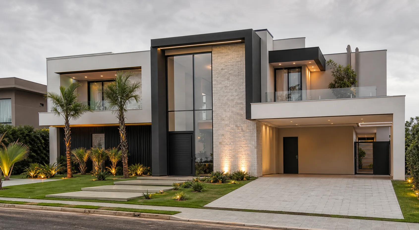 Casa moderna de alto padr&atilde;o com fachada ampla, pedra natural e garagem integrada
