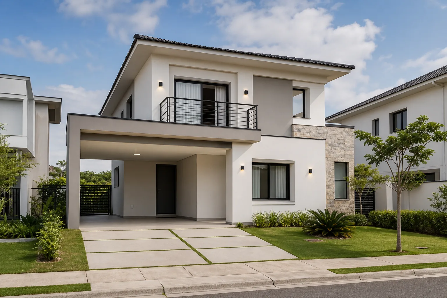 Resid&ecirc;ncia de m&eacute;dio padr&atilde;o em condom&iacute;nio com linhas contempor&acirc;neas e garagem